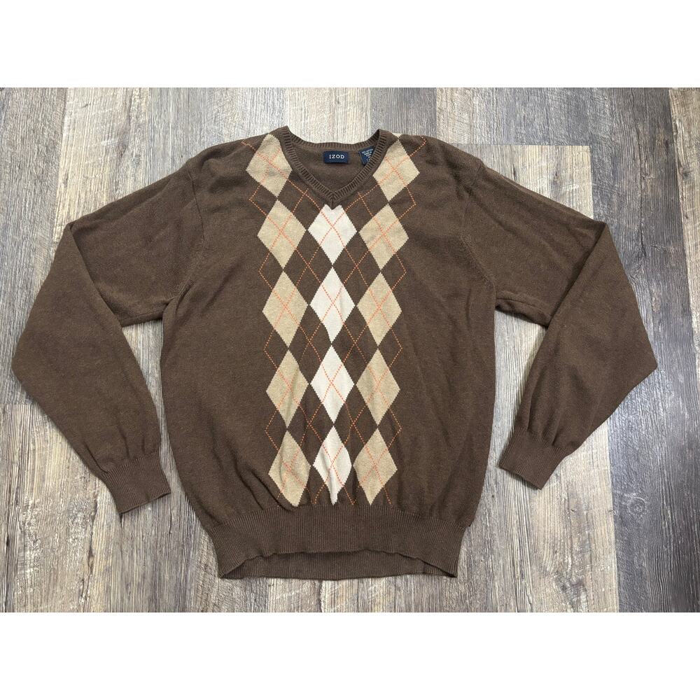 IZOD Mens Brown Argyle V-Neck Sweater‎ 100% Cotton Pullover Size M